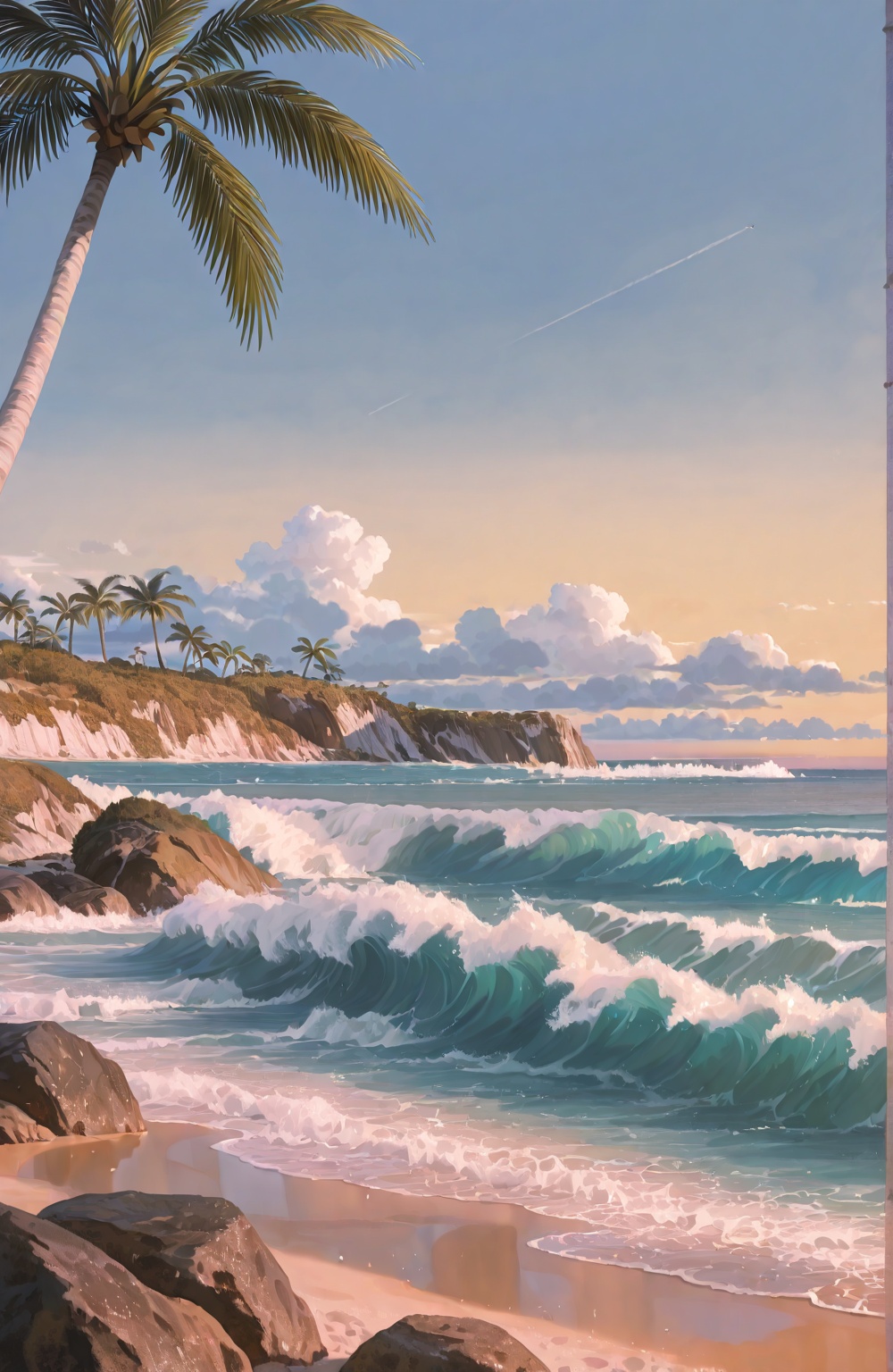 A full scenery beachside scene in embroidery style,  featuring flowy palm trees,  waves gently hitting the beach and rocks...