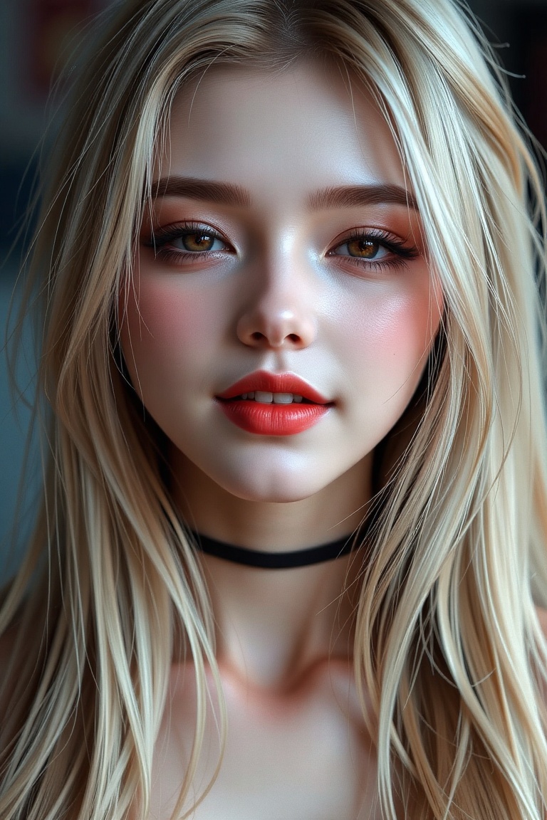 16K,  UHD:1.2,  1girl solo long hair smile blonde hair closed eyes parted lips teeth mole lips head tilt makeup cross port...