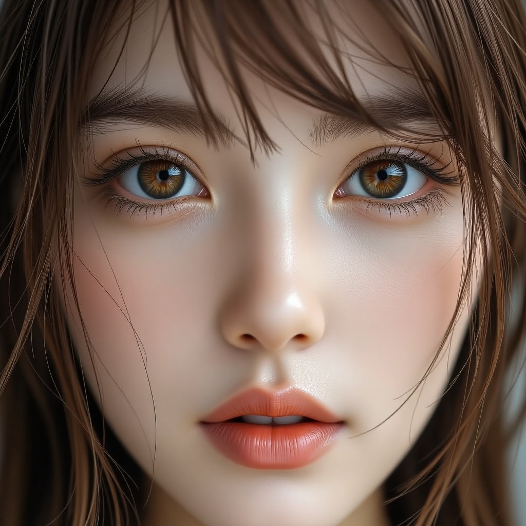16K,  UHD:1.2,  1girl solo long hair looking at viewer bangs brown hair hair between eyes parted lips lips brown eyes port...