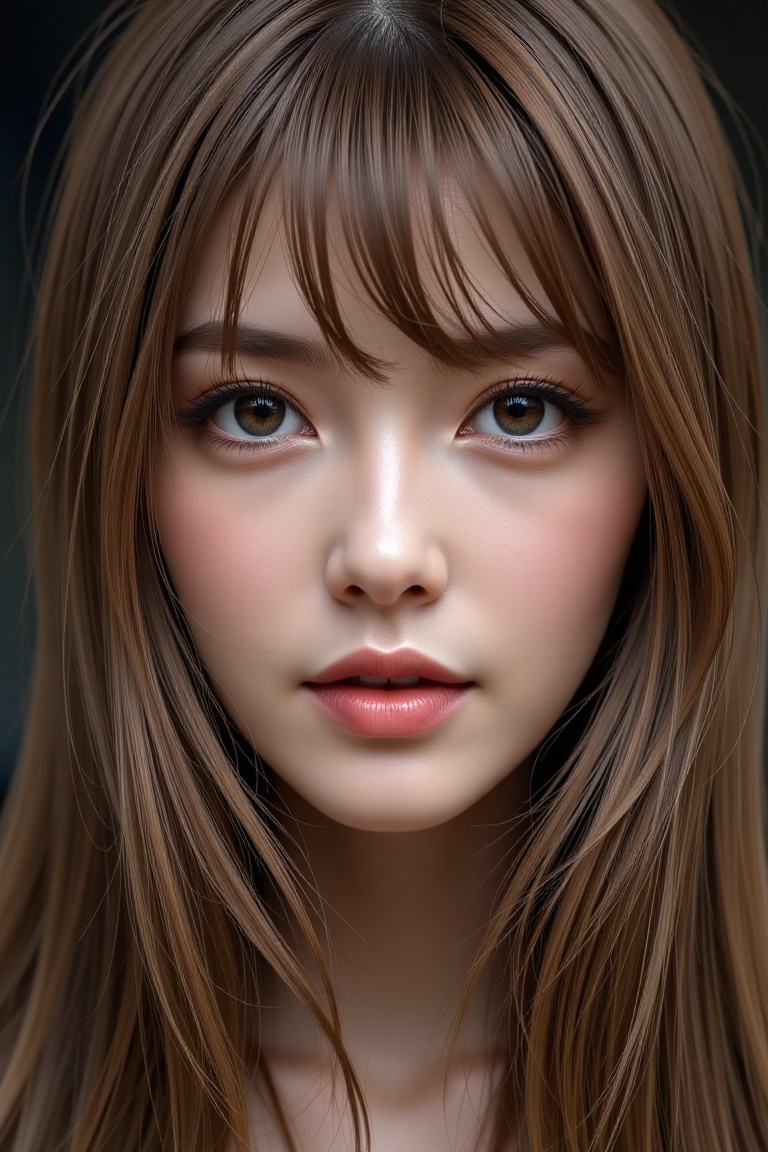 16K,  UHD:1.2,  1girl solo long hair looking at viewer bangs brown hair hair between eyes parted lips lips brown eyes port...