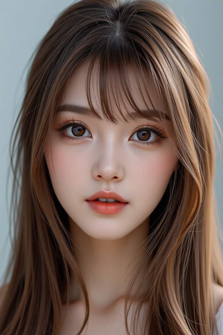 16K,  UHD:1.2,  1girl solo long hair looking at viewer bangs brown hair hair between eyes parted lips choker lips brown ey...