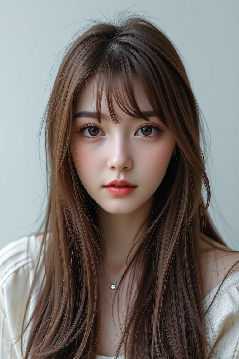 16K,  UHD:1.2,  1girl solo long hair looking at viewer bangs brown hair hair between eyes parted lips lips brown eyes port...