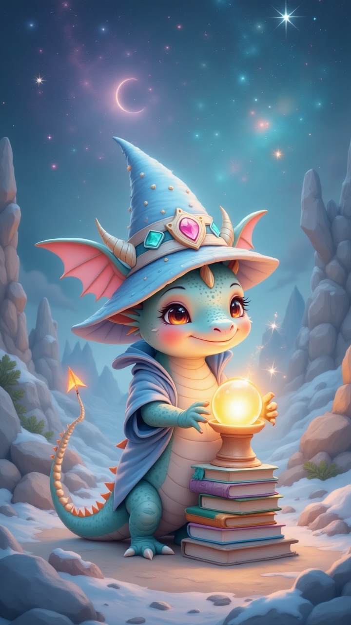 Chibi baby dragon wizard,  pointed hat,  glowing orb on Tensor.Art