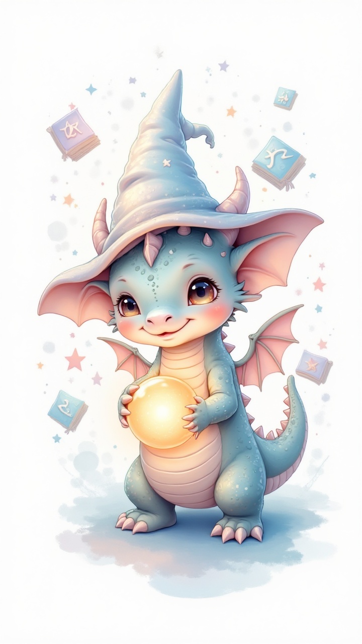 Digital art poster,  adorable chibi baby dragon wizard in centered composition,  pointed wizard hat and gentle smiling exp...