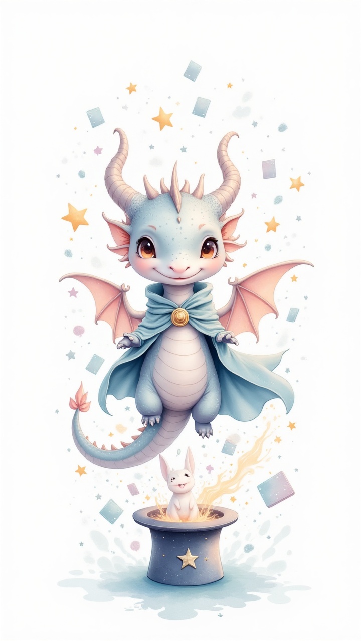 minimalist,  ink painting of a cute and adorable ((chibi dragon)) magician,  open eyes on Tensor.Art