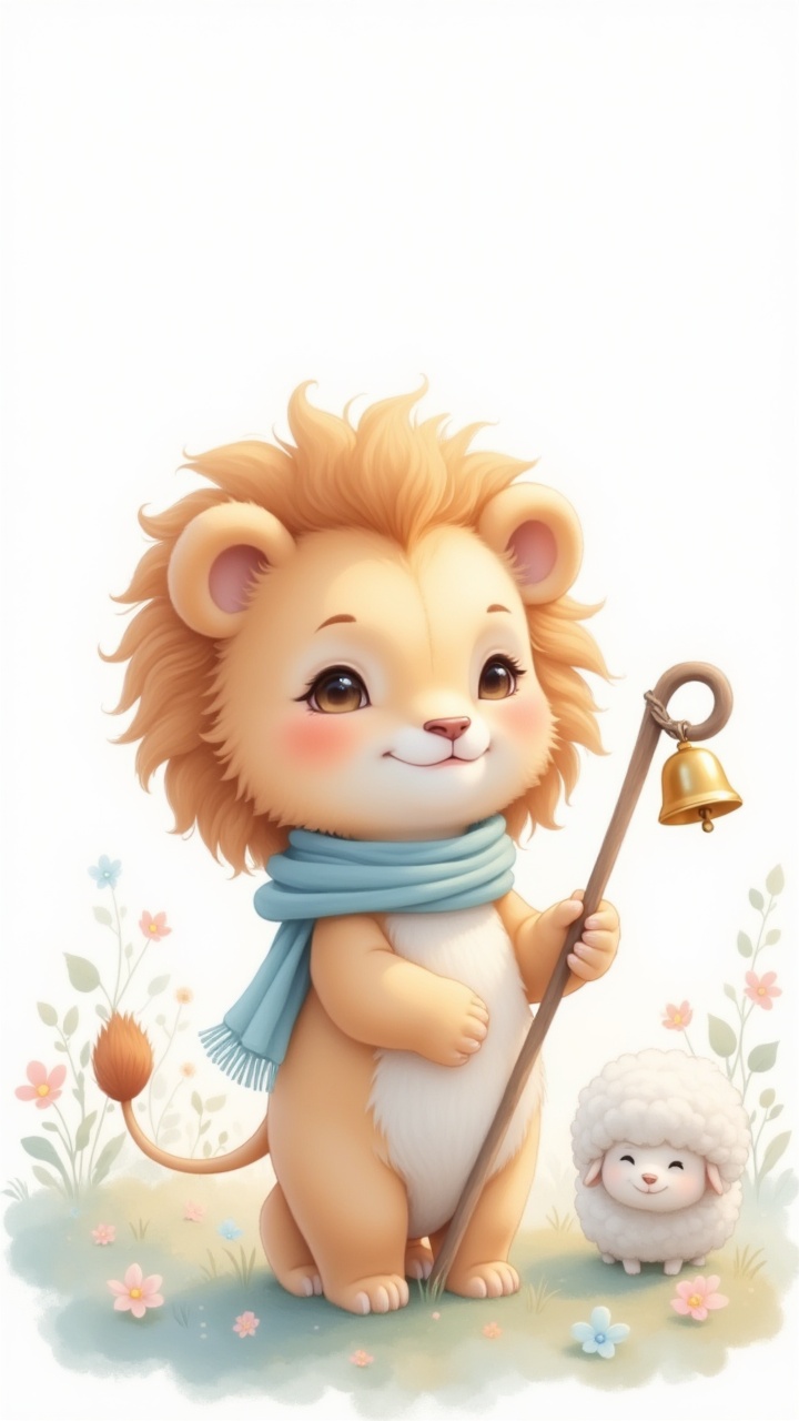 Digital art poster,  adorable chibi baby lion as shepherd in centered composition,  tiny shepherd's crook and cozy scarf o...