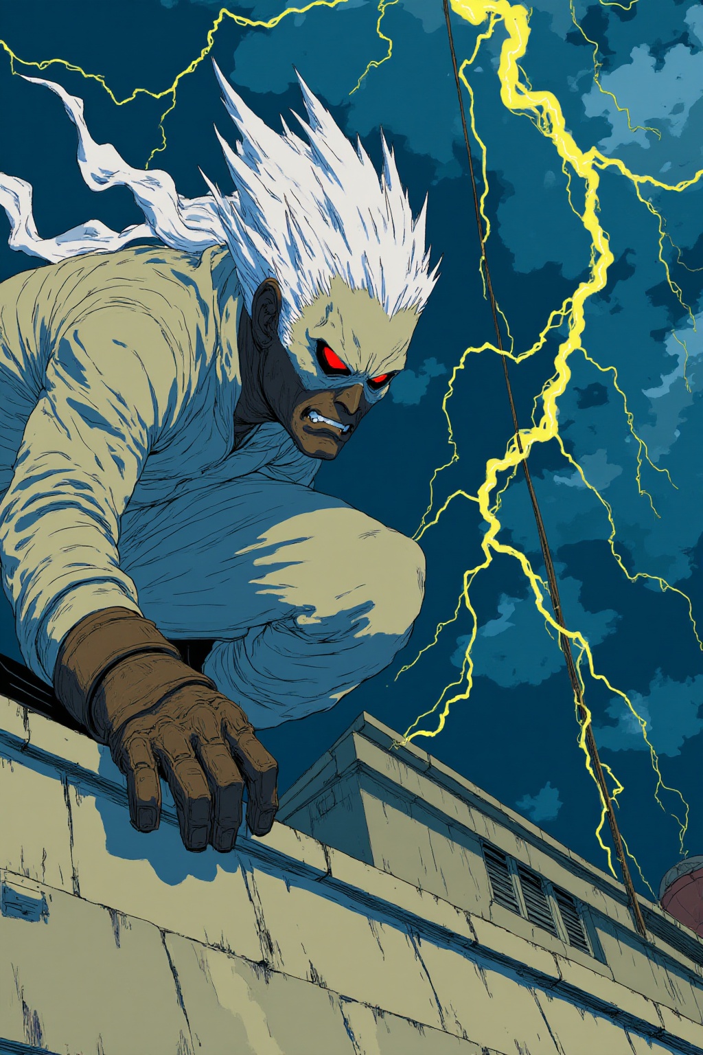 ddd An animated image of a man in a white suit with a white mohawk on his head. He is crouched down on the side of a build...