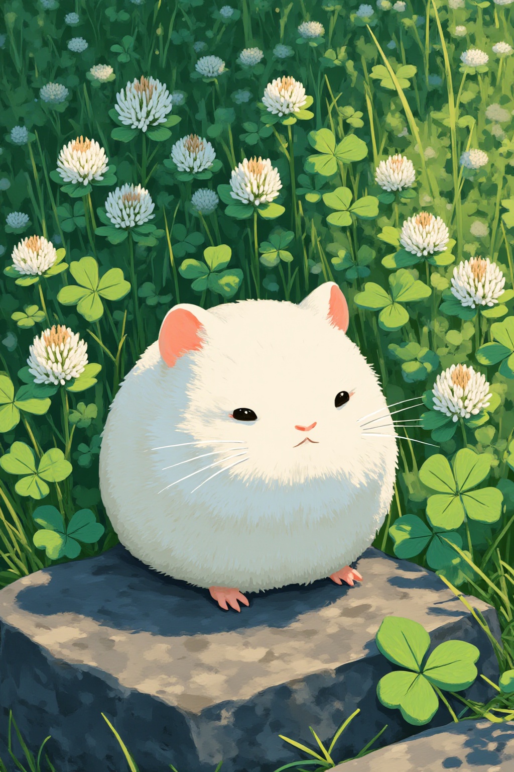 ddd Captured at eye-level a medium-sized white guinea pig is perched on a rock its head turned to the right. Its ears are...