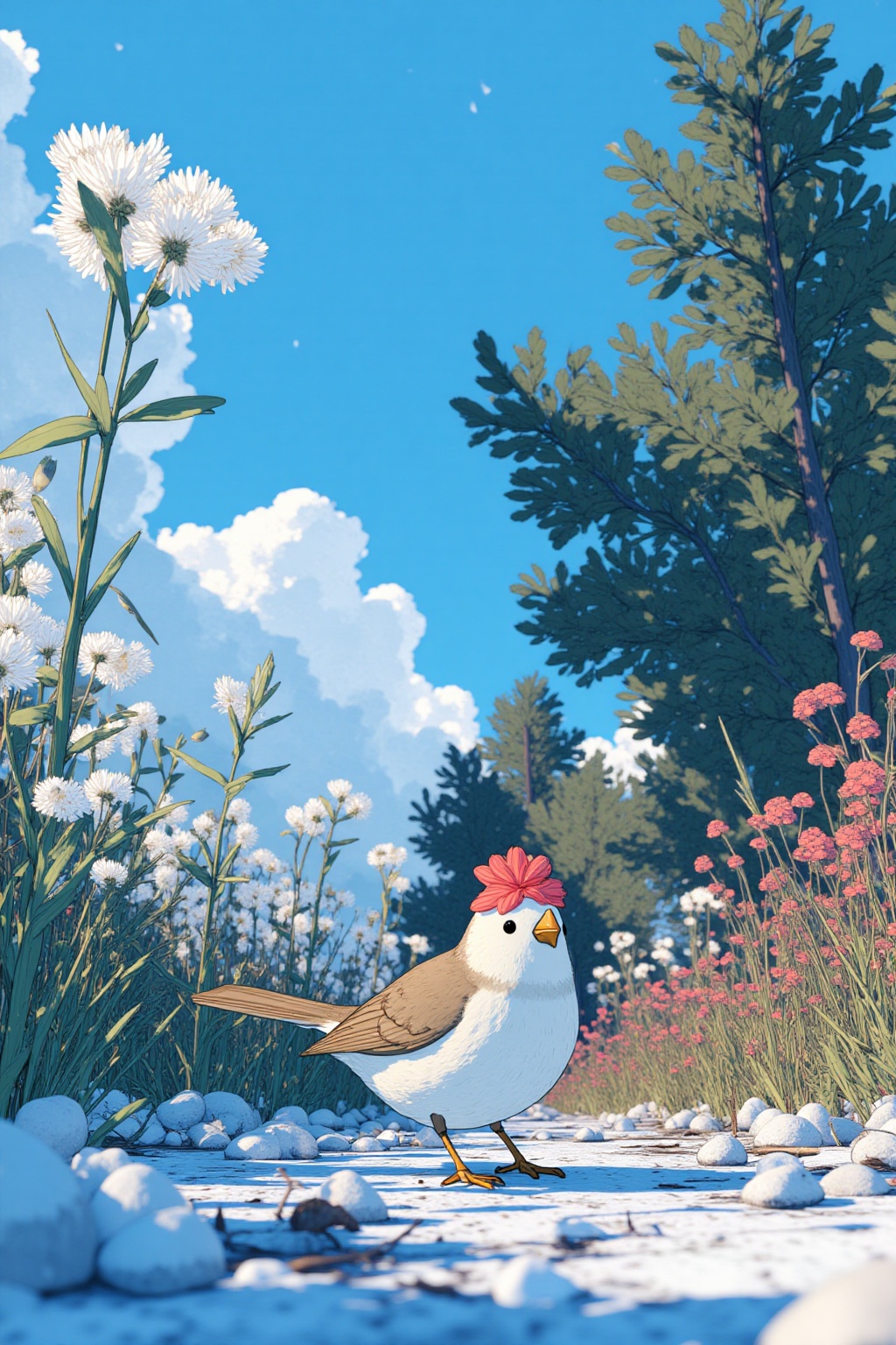 ddd a bird is standing on a patch of snow-covered ground. The bird's head is facing towards the left side of the frame ado...