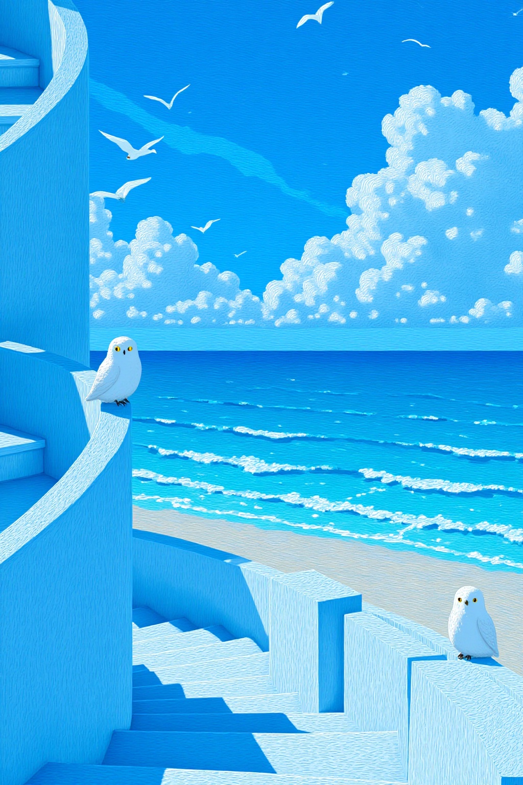 ddd a white owl is perched on a set of stairs that lead into the water. The stairs are painted in a geometric pattern of w...