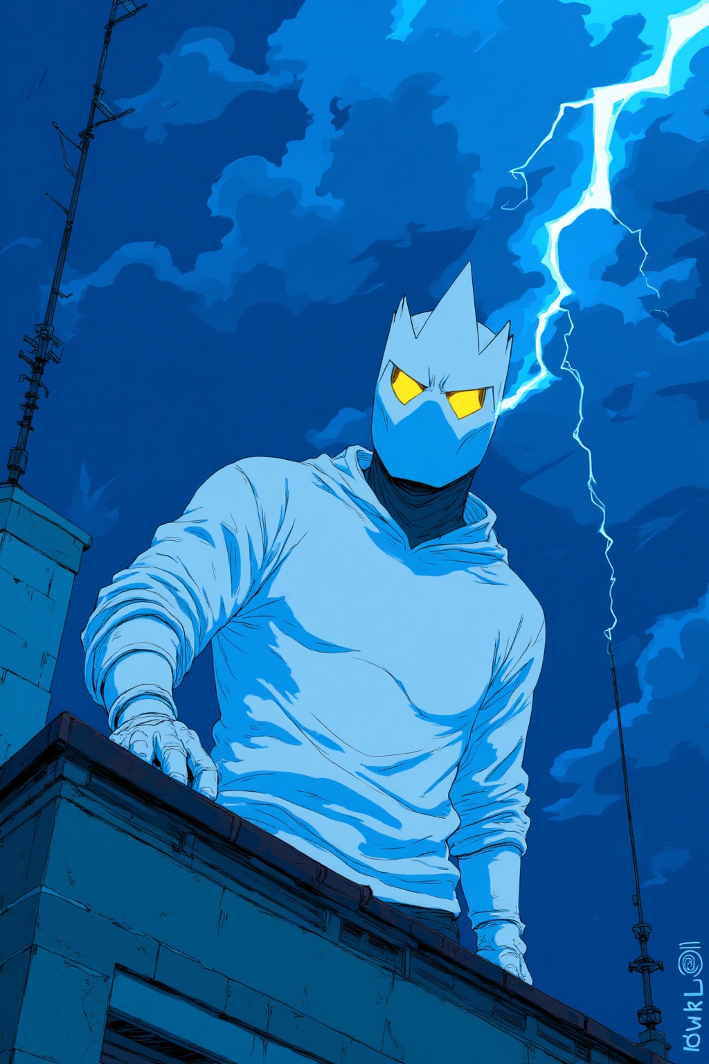 ddd Captured in a vibrant blue cartoon-like scene a man in a white suit stands on a roof of a building his head turned tow...