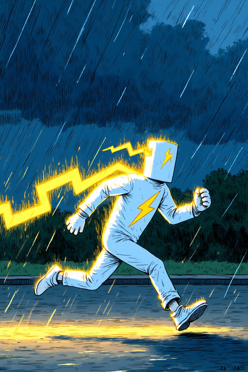 ddd An eye-level painting of a person in a white suit with a yellow lightning bolt on their head. The person is running to...