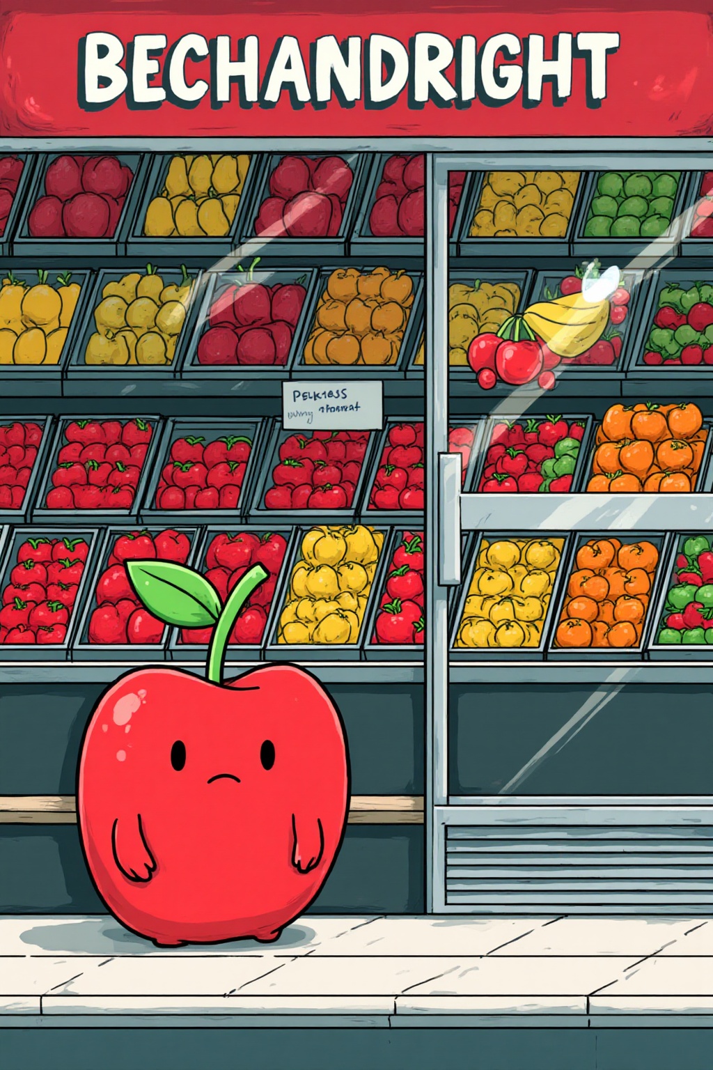 ddd A cartoon drawing of a red apple with a smiley face and a green leaf on it. The apple is in front of a store with a re...
