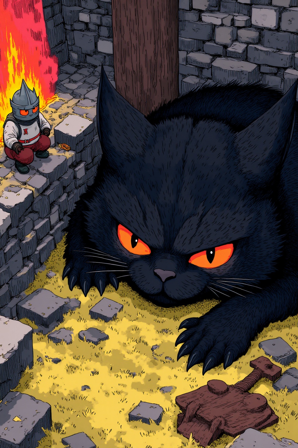 ddd A cartoon drawing of a black cat with bright red eyes. The cat's head is facing towards the left side of the image. To...
