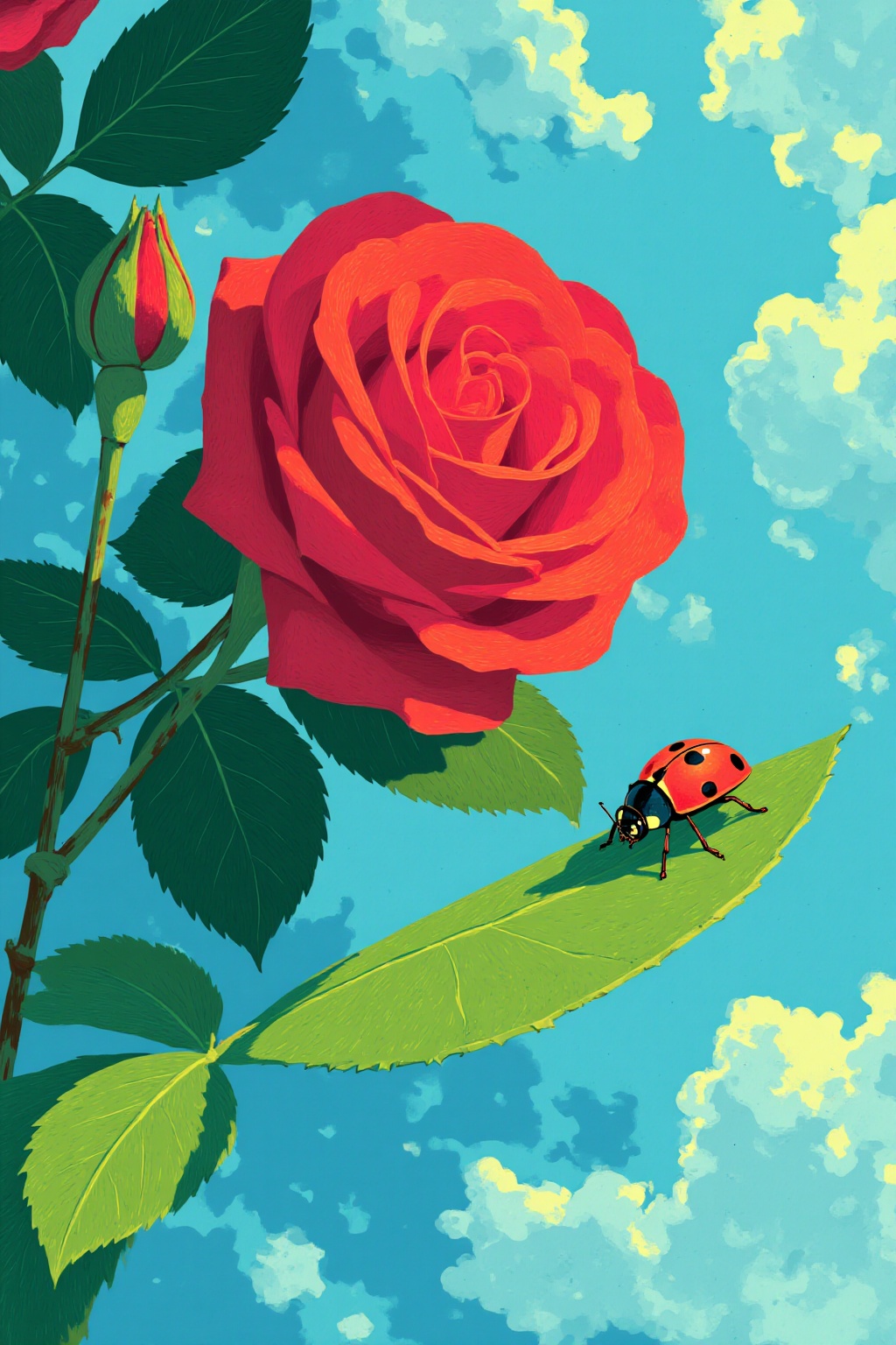 ddd a vibrant red rose is perched on a green leaf adding a pop of color to the scene. Adjacent to the red rose a black and...