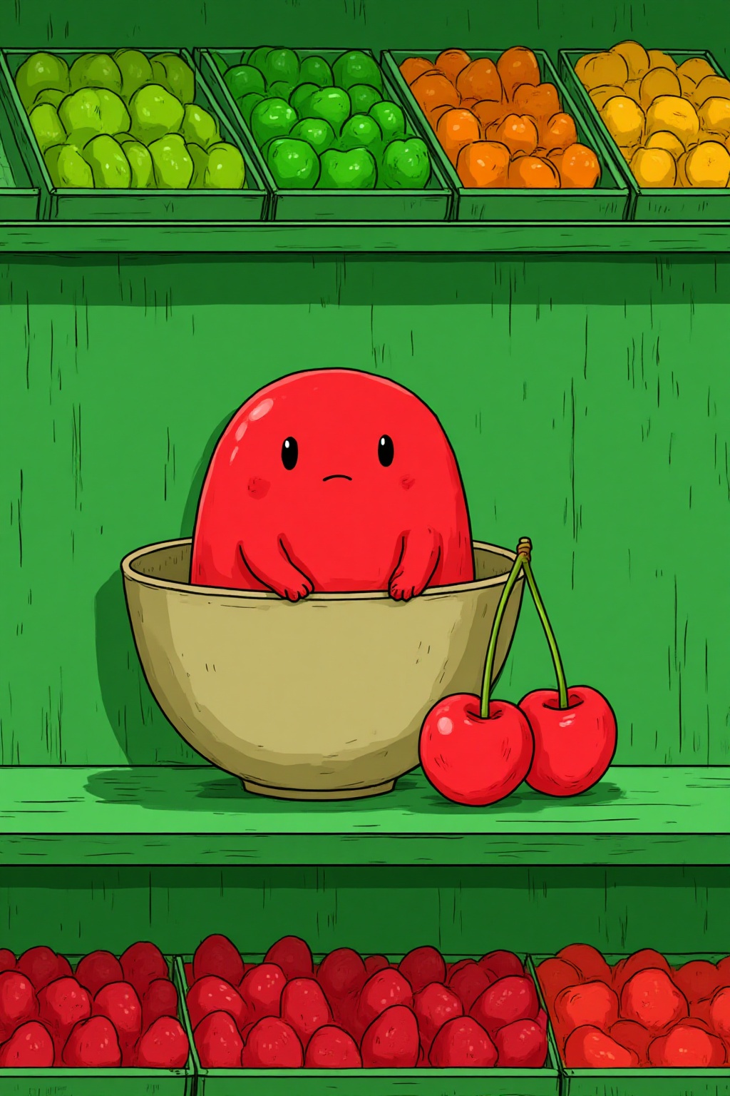 ddd A cartoon drawing of a red apple sitting in a brown bowl. The apple has a smiley face on it's face. There are two cher...