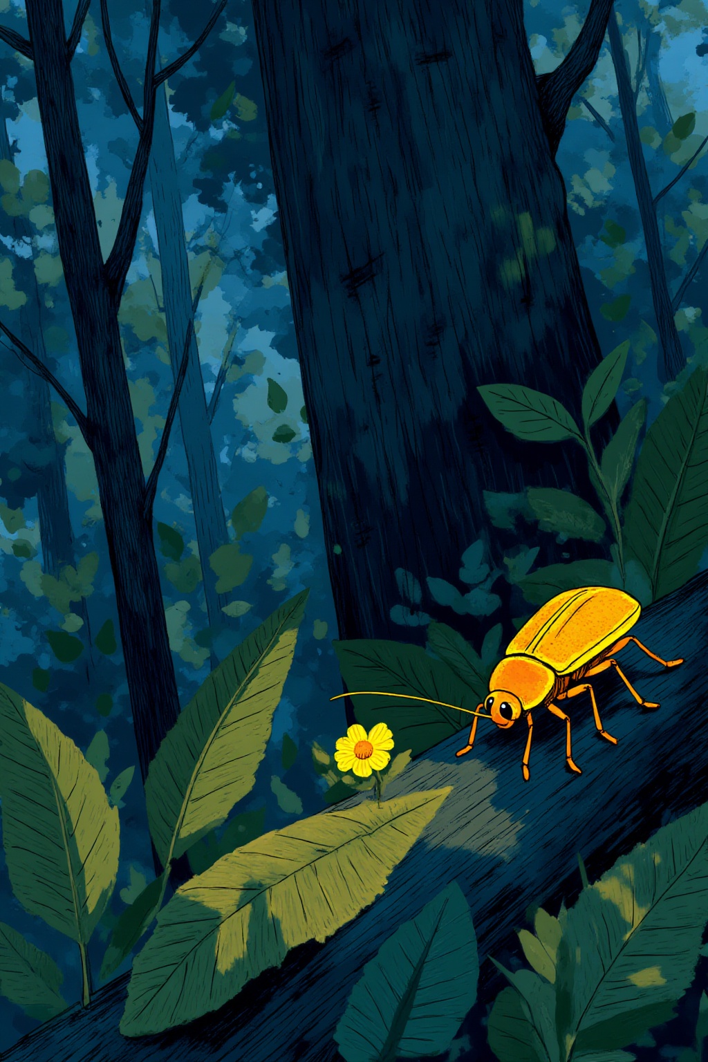 ddd An abstract painting of an insect on a dark blue background. The insect is facing the right side of the frame its head...