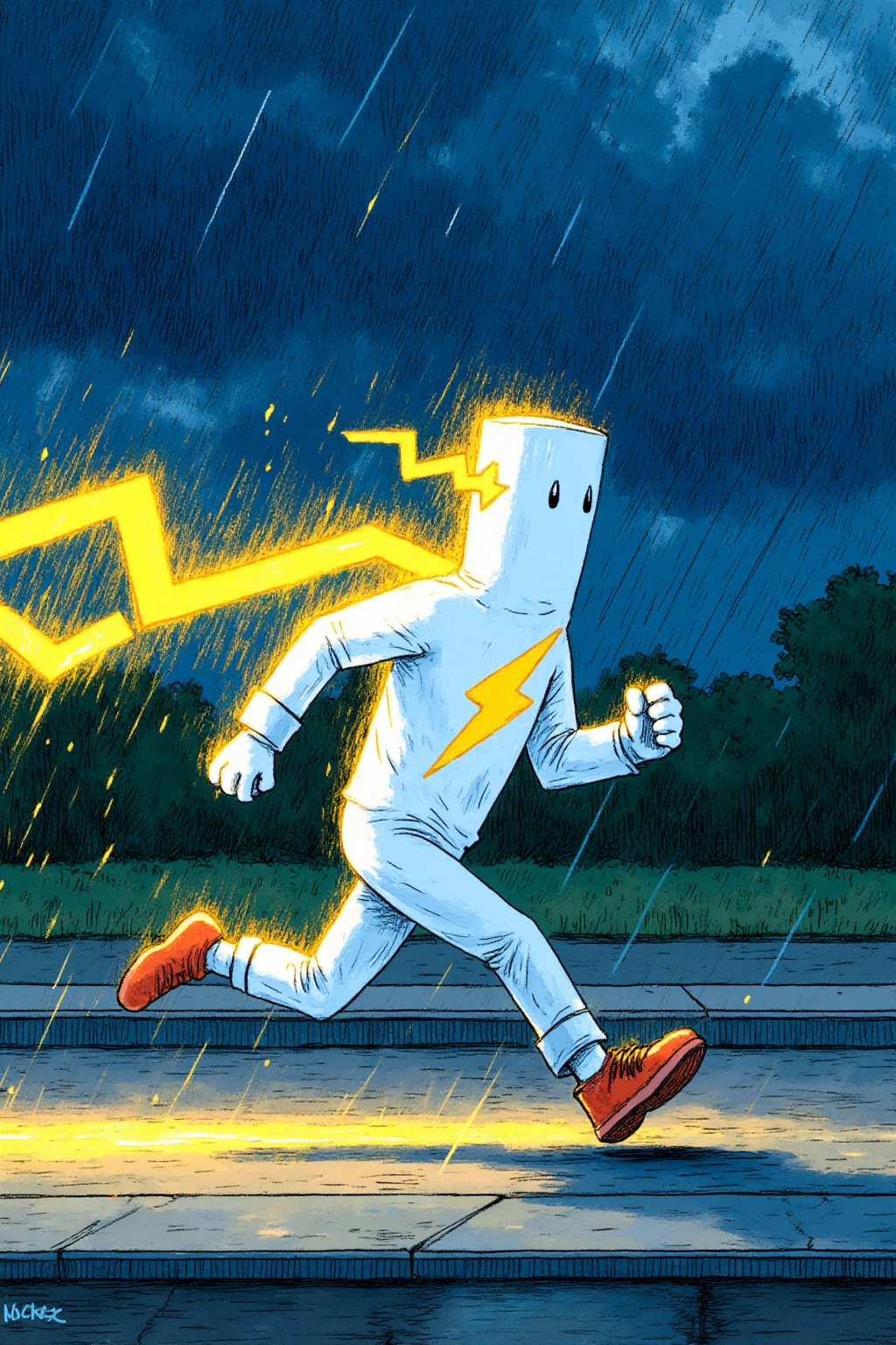 ddd An eye-level painting of a person in a white suit with a yellow lightning bolt on their head. The person is running to...