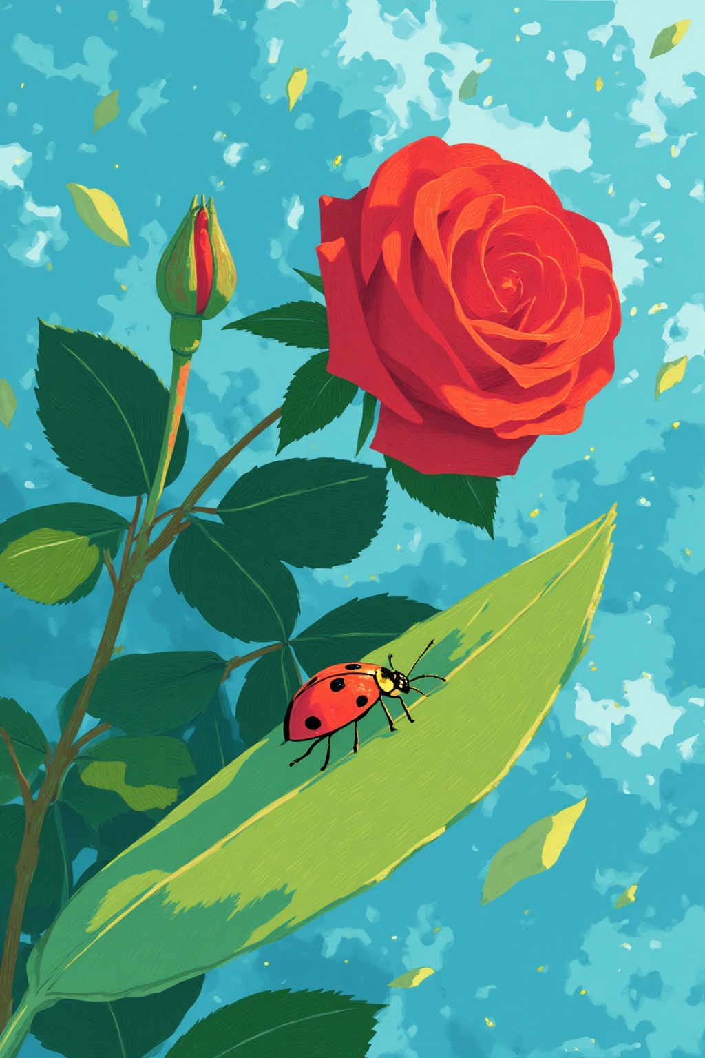 ddd a vibrant red rose is perched on a green leaf adding a pop of color to the scene. Adjacent to the red rose a black and...