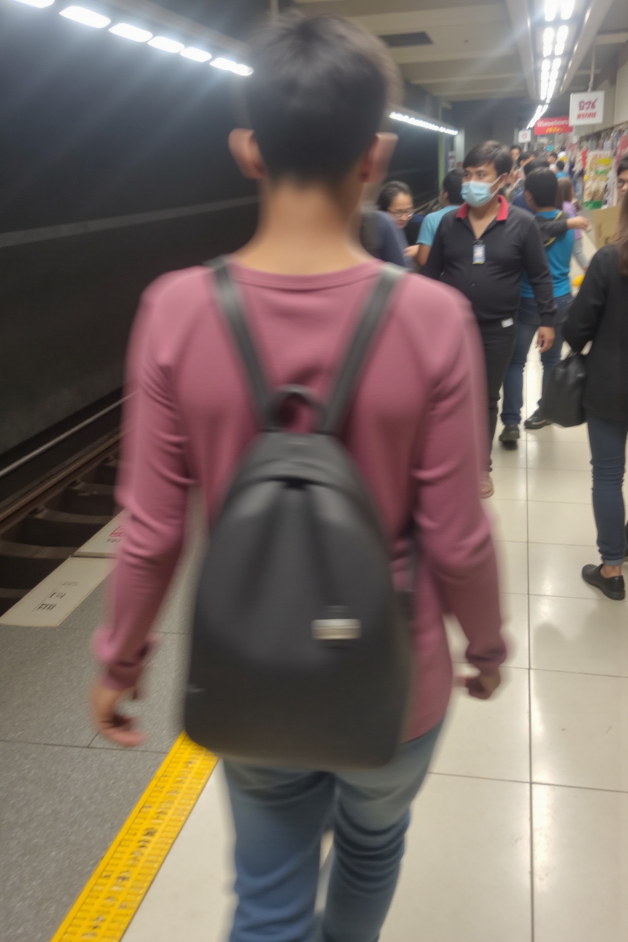a person blurred by motion walking on a busy train platform,  eye-level shot,  phone camera on Tensor.Art