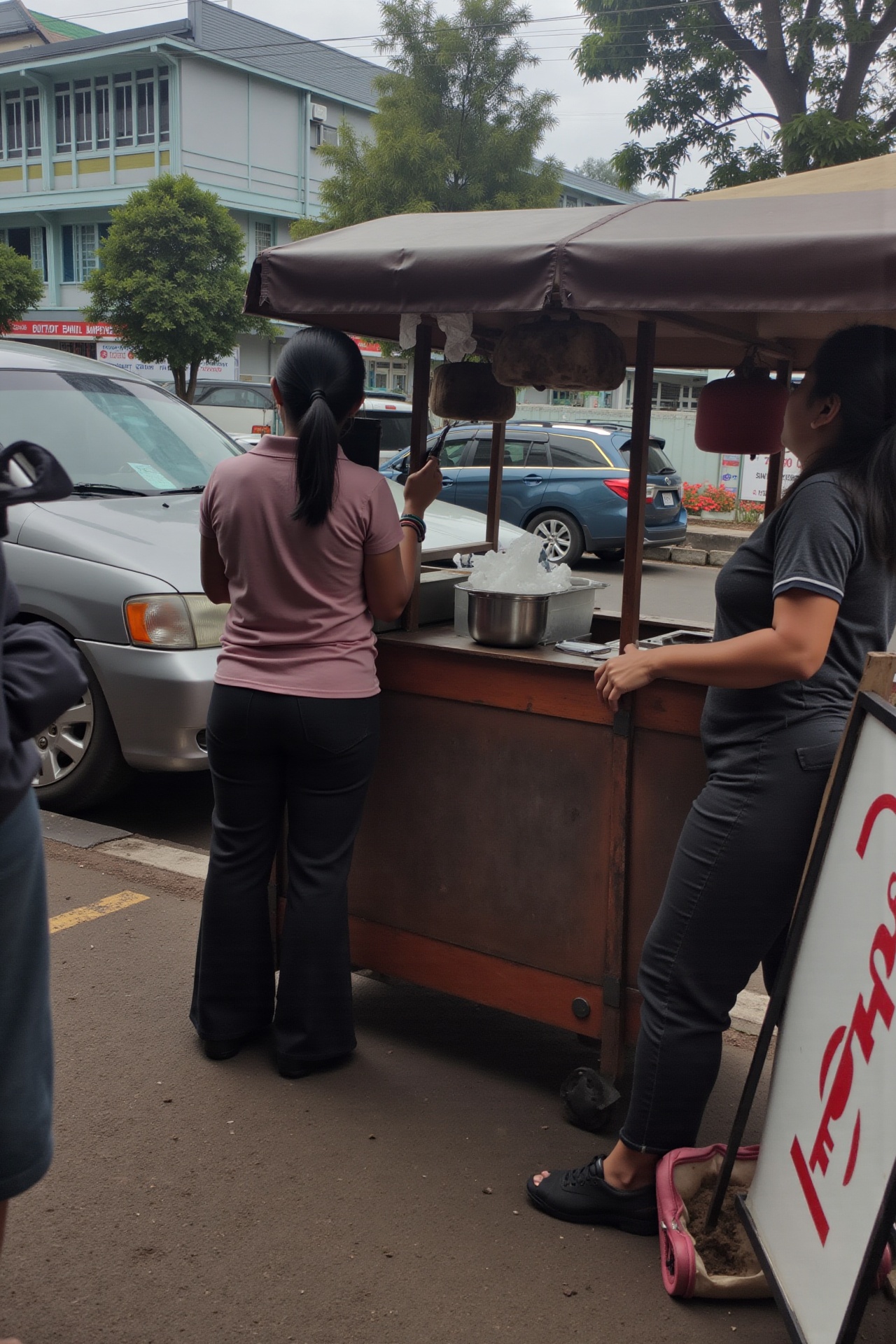 a woman waiting at a street food cart,  viewed from behind,  eye-level shot on Tensor.Art