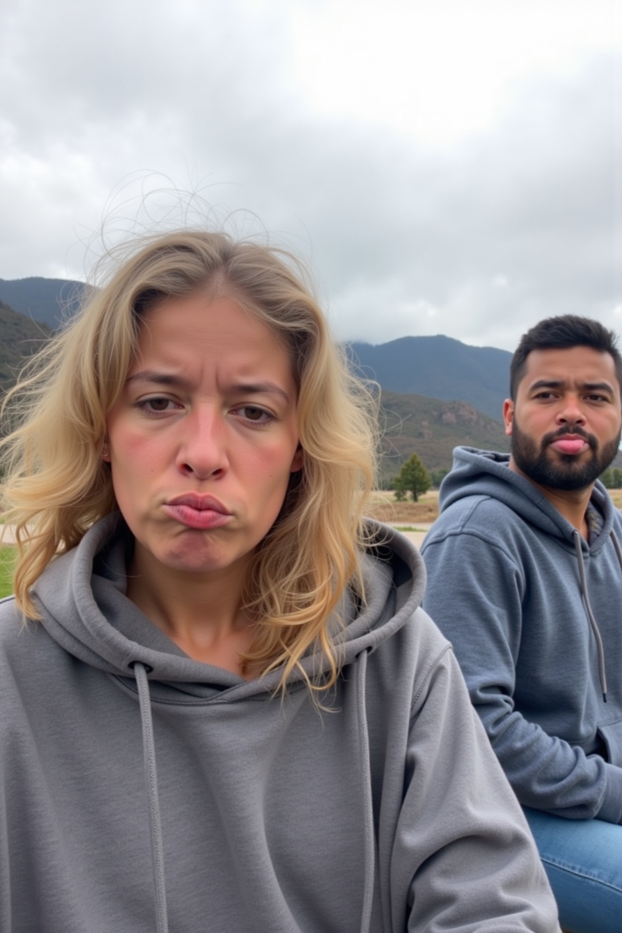 Taken by phone camera,  a woman in an oversized hoodie sits with a grumpy face,  lips pouting and messy hair blown by the...