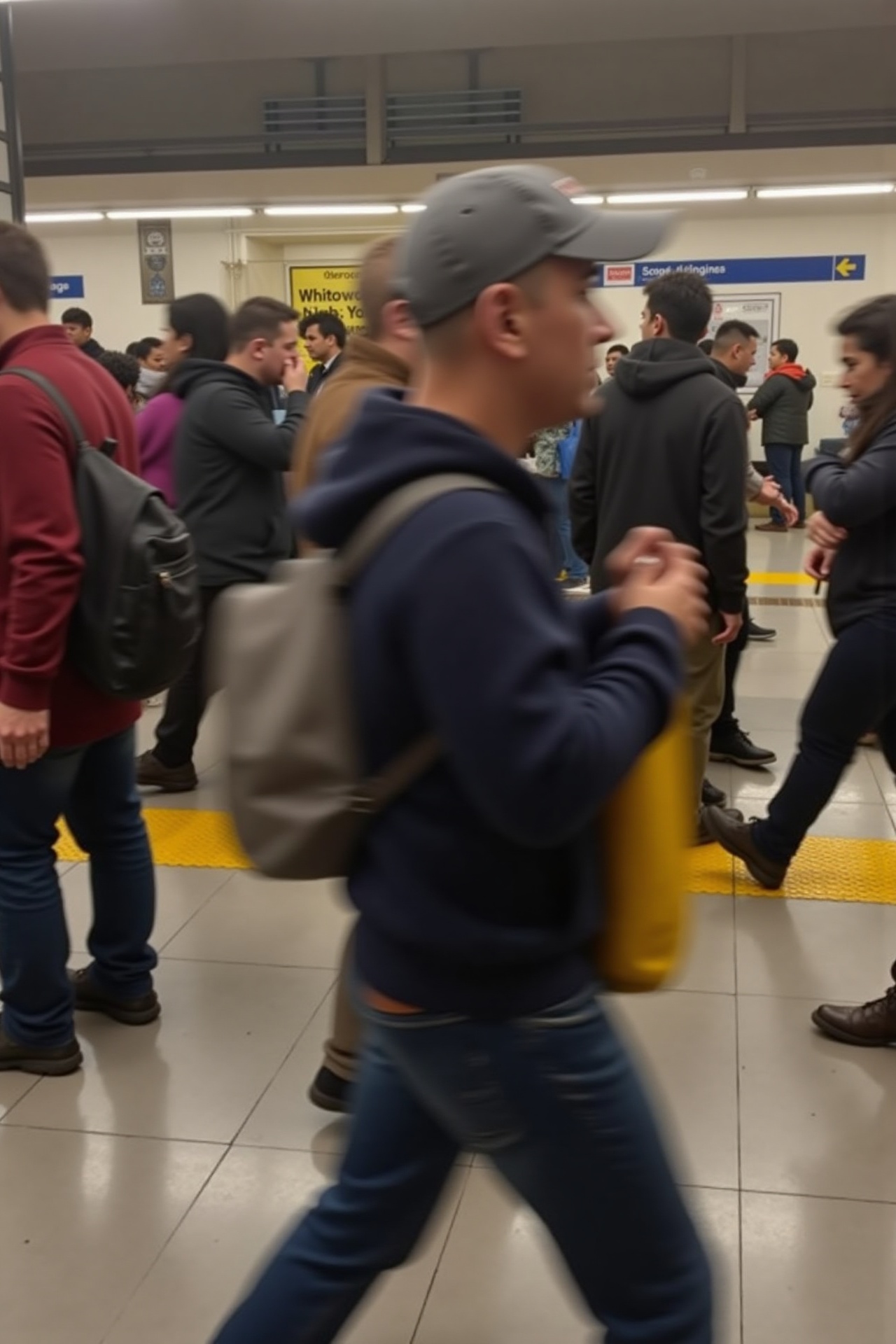 a person blurred by motion walking on a busy train platform,  eye-level shot,  phone camera on Tensor.Art