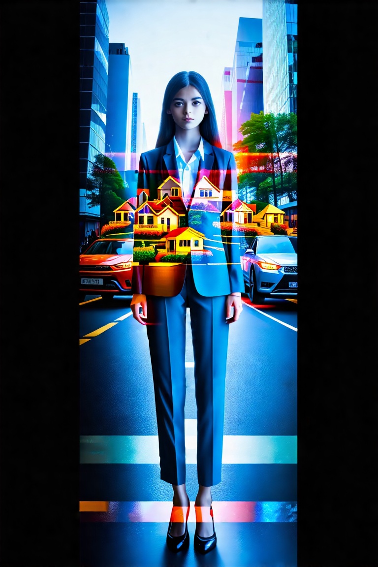 A hologram of houses and cars partially pierces the body and clothes of a girl dressed in a trouser suit standing in the c...