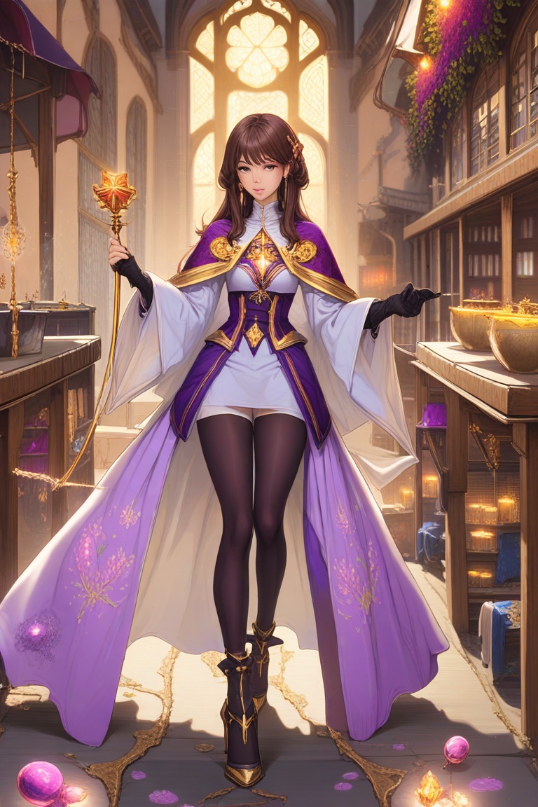 Hyp3rAn1me,  A mystical magician performing awe-inspiring illusions amidst the bustling chaos of the town square,  her rob...