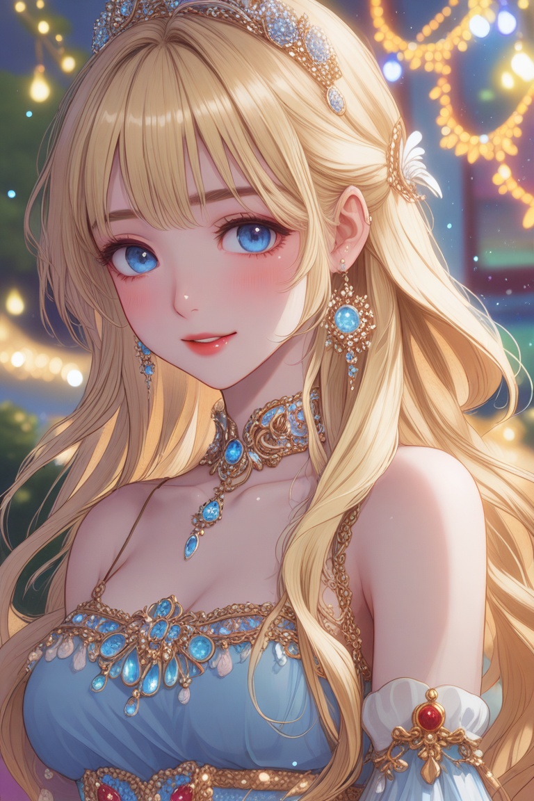 A stunning anime-style image of a solo,  very beautiful girl with a himecut hairstyle,  long blonde wavy hair on Tensor.Art