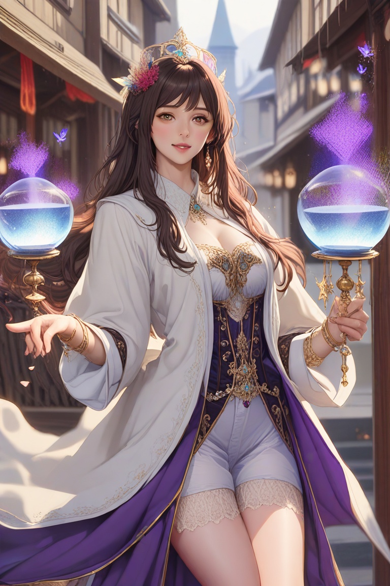 Hyp3rAn1me,  A mystical magician performing awe-inspiring illusions amidst the bustling chaos of the town square,  her rob...