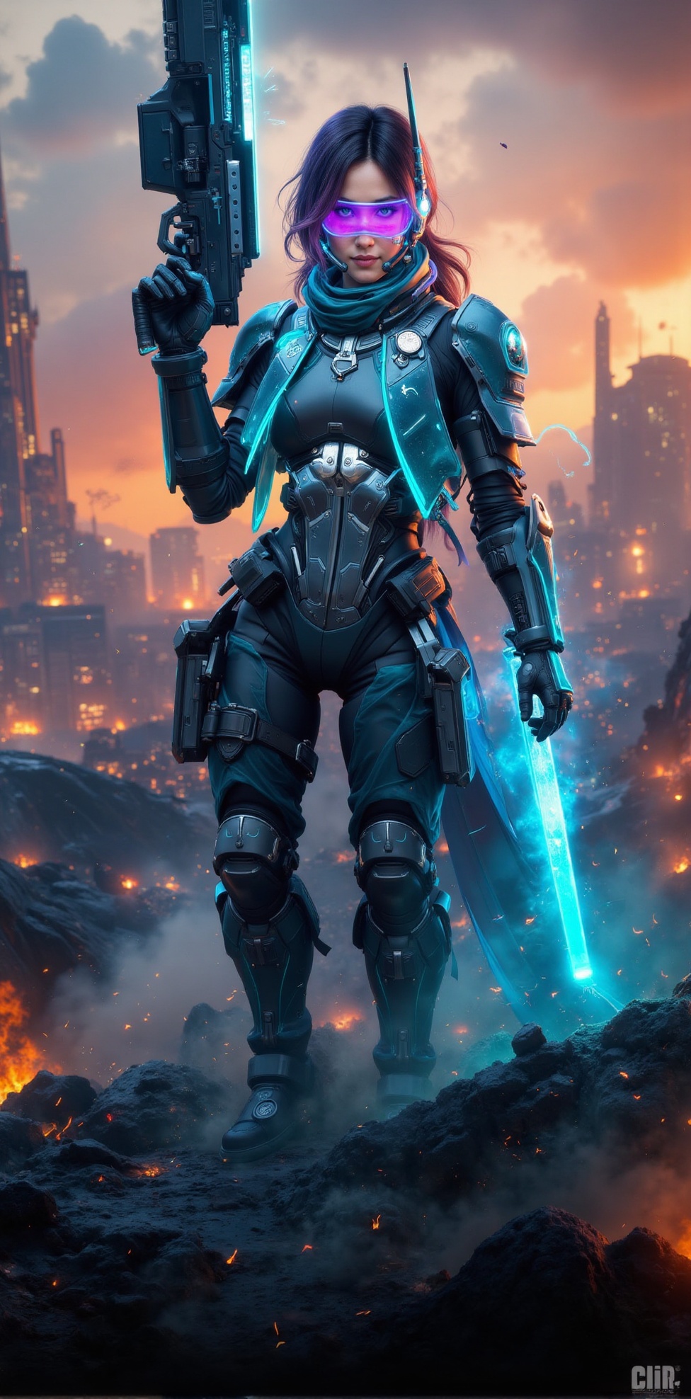 Cinematic dramatic,  mantaray_cod,  powerful sci-fi heroine standing on top of a destroyed drone on Tensor.Art