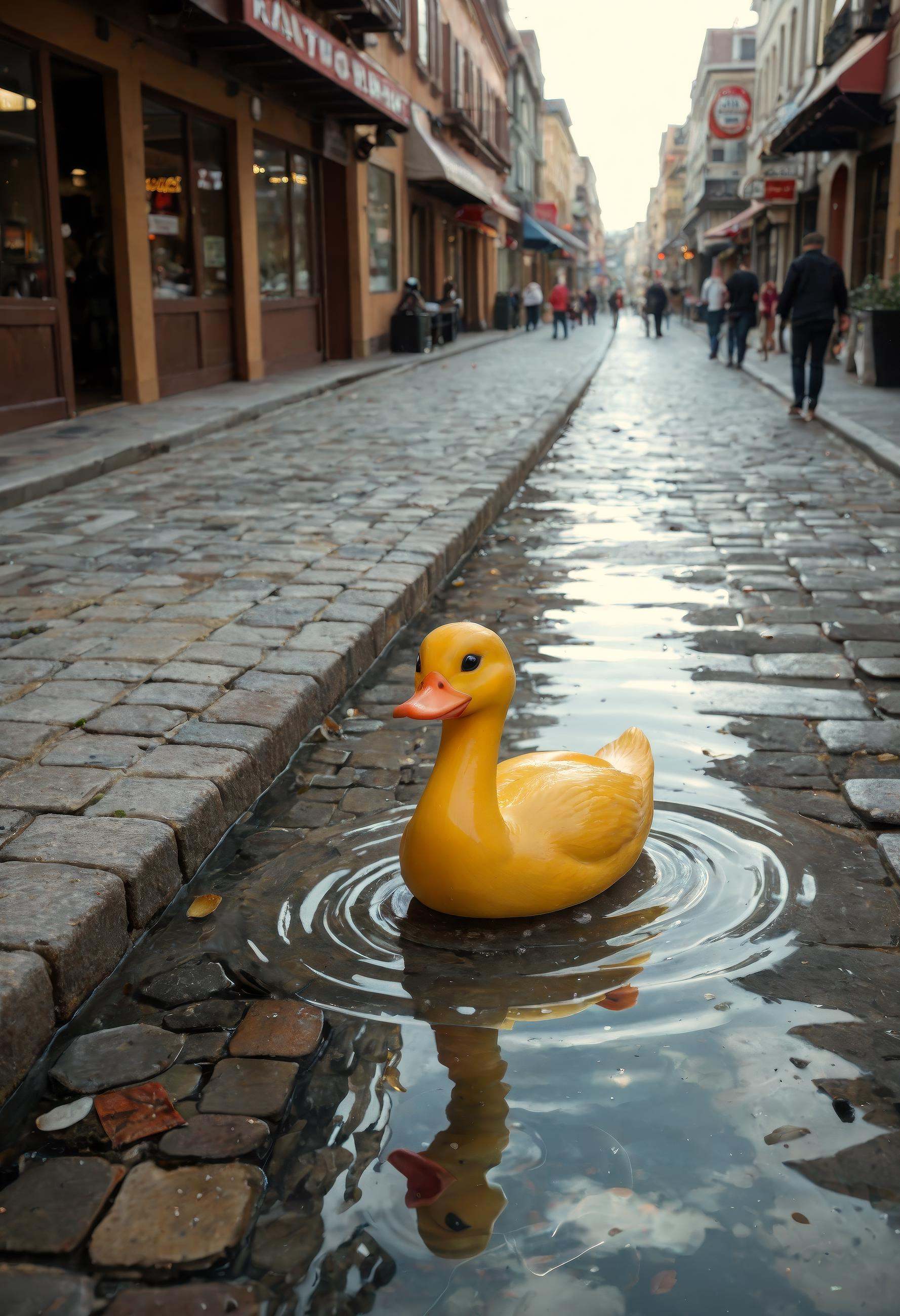 CyberRealisticPony_POSV1,  A family of ducks crossing a cobblestone street,  with tiny ducklings waddling behind on Tensor...