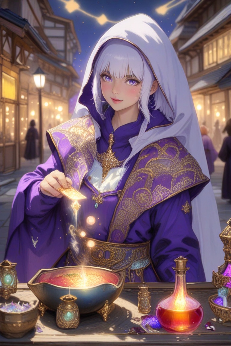 Hyp3rAn1me,  A mystical magician performing awe-inspiring illusions amidst the bustling chaos of the town square,  her rob...