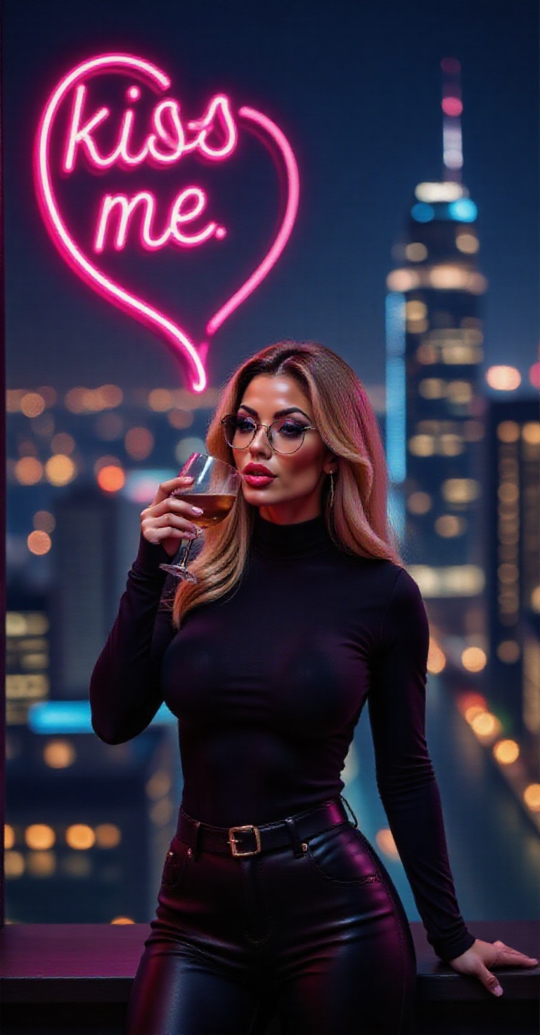 A sophisticated individual posing against a BIG SCREEN displaying a "kiss me" within a💜 in neon lights. They wear a styli...