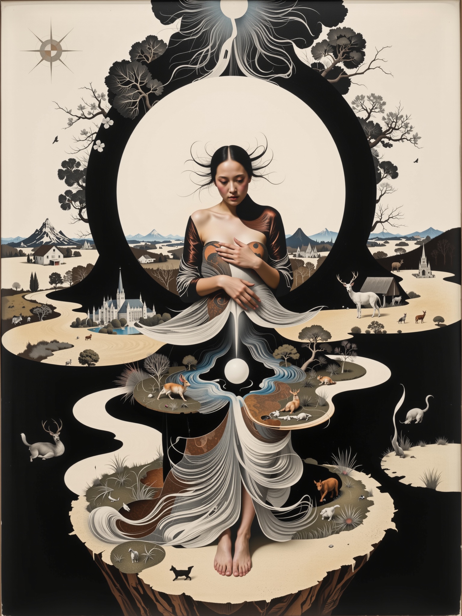 Surreal digital illustration painting in the style of Asa CHEN,  Mystical beauty stands barefoot,  shrouded in charcoal pe...