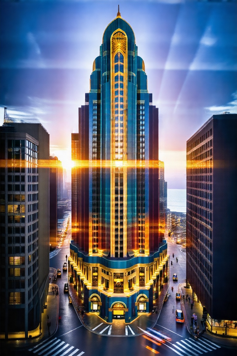a stunning art deco styled skyscraper towering in a bustling city,  framed with a wide-angle shot showcasing its grandeur....