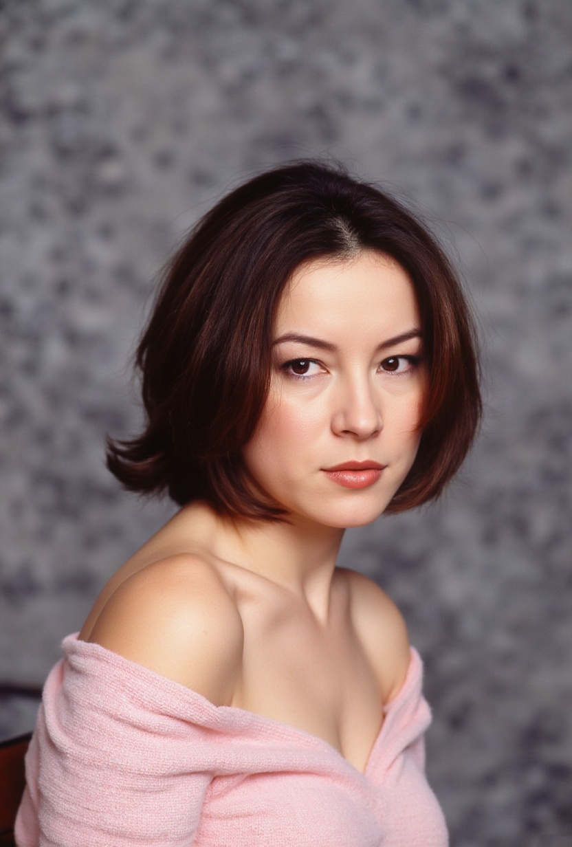 An ultra-detailed studio portrait of Jennifer Tilly in her early 20s,  posed in front of a neutral gray textured backdrop....