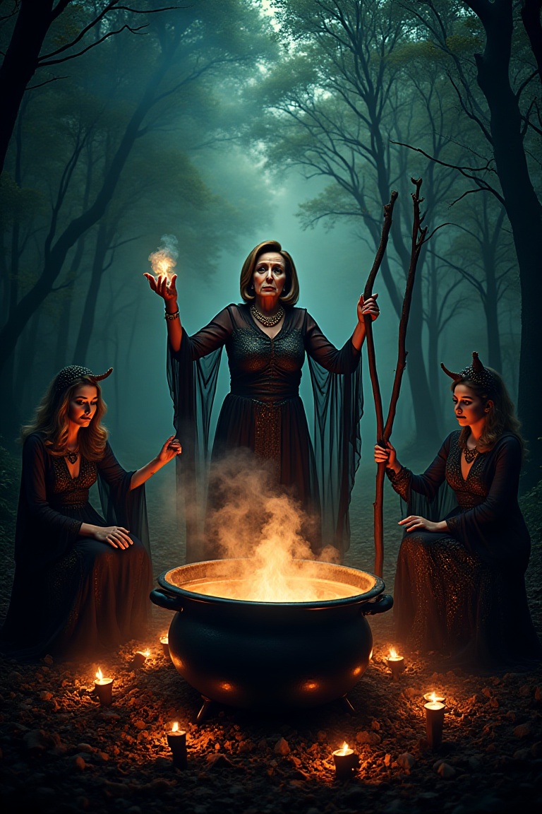 Cinematic horror movie action scene depicting Nancy Pelosi as a Cauldron_Witch in a dark forest glade with Witch initiates...