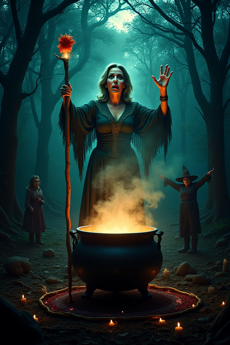 Cinematic horror movie action scene of a Cauldron_Witch in a dark forest glade with Witch initiates Anna Kendrick and Jojo...