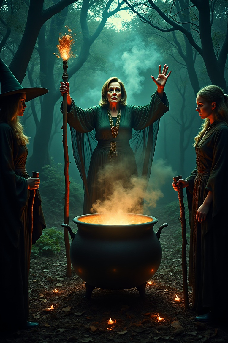 Cinematic horror movie action scene depicting Nancy Pelosi as a Cauldron_Witch in a dark forest glade with Witch initiates...