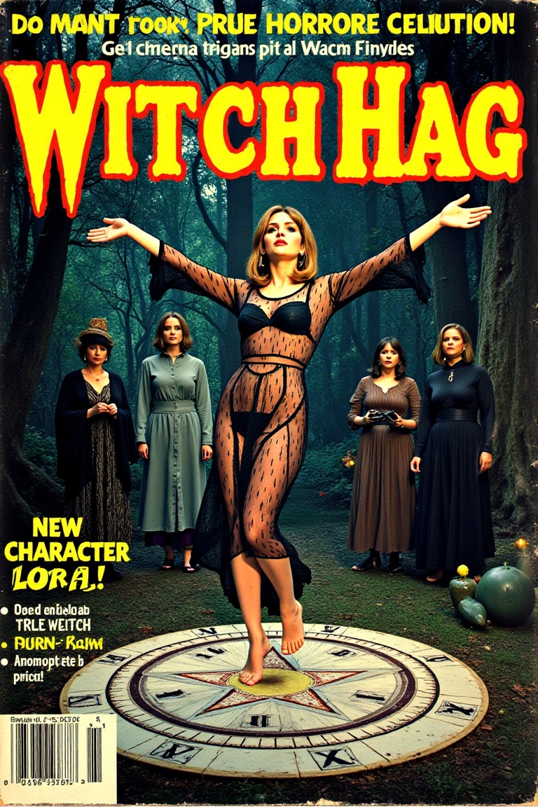 Vintage pulp occult/horror cinema men’s magazine cover of “Witch Hag” circa 1979,  cover title emblazoned in retro mystery...