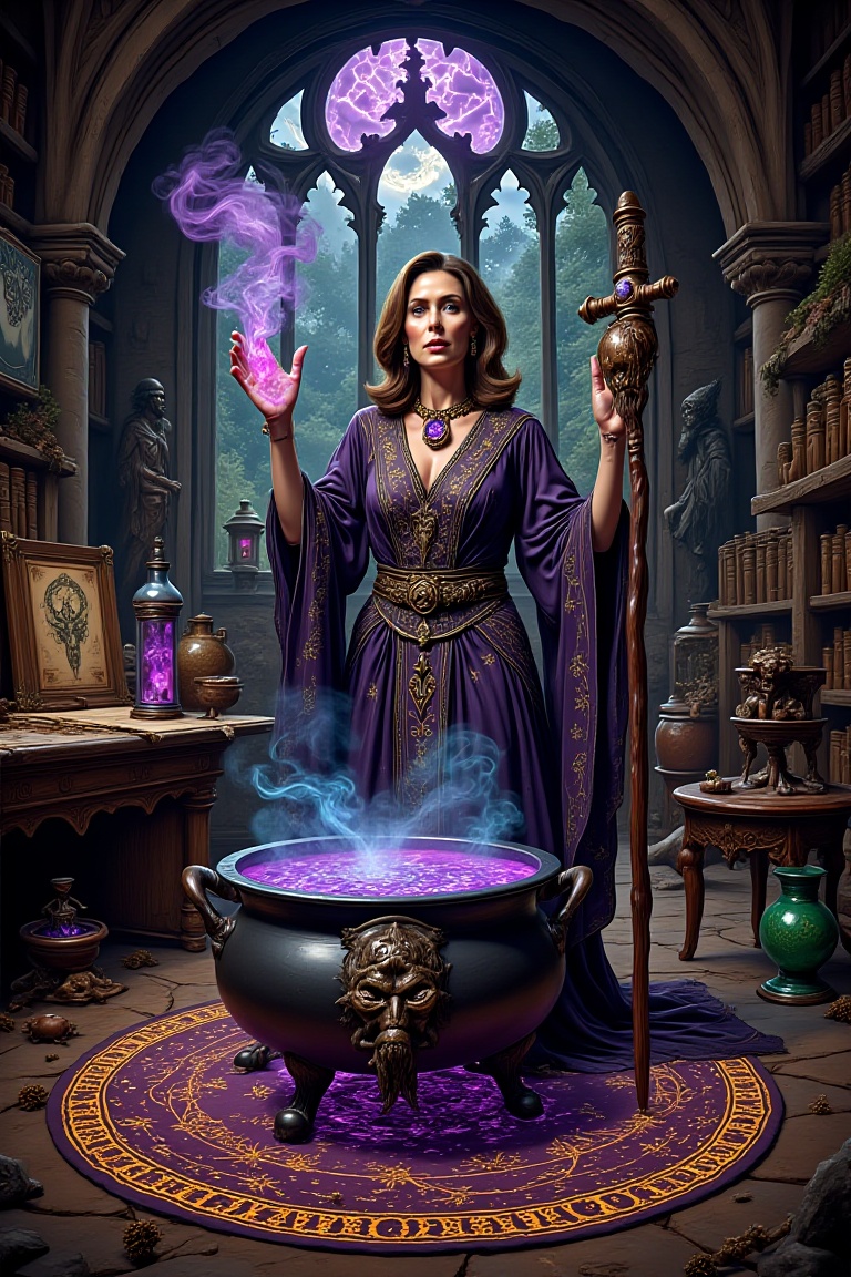 # Iggwilv in Her Arcane Study - Detailed Art Prompt ## Main Subject: Iggwilv/Tasha - **Appearance**: Strikingly beautiful...