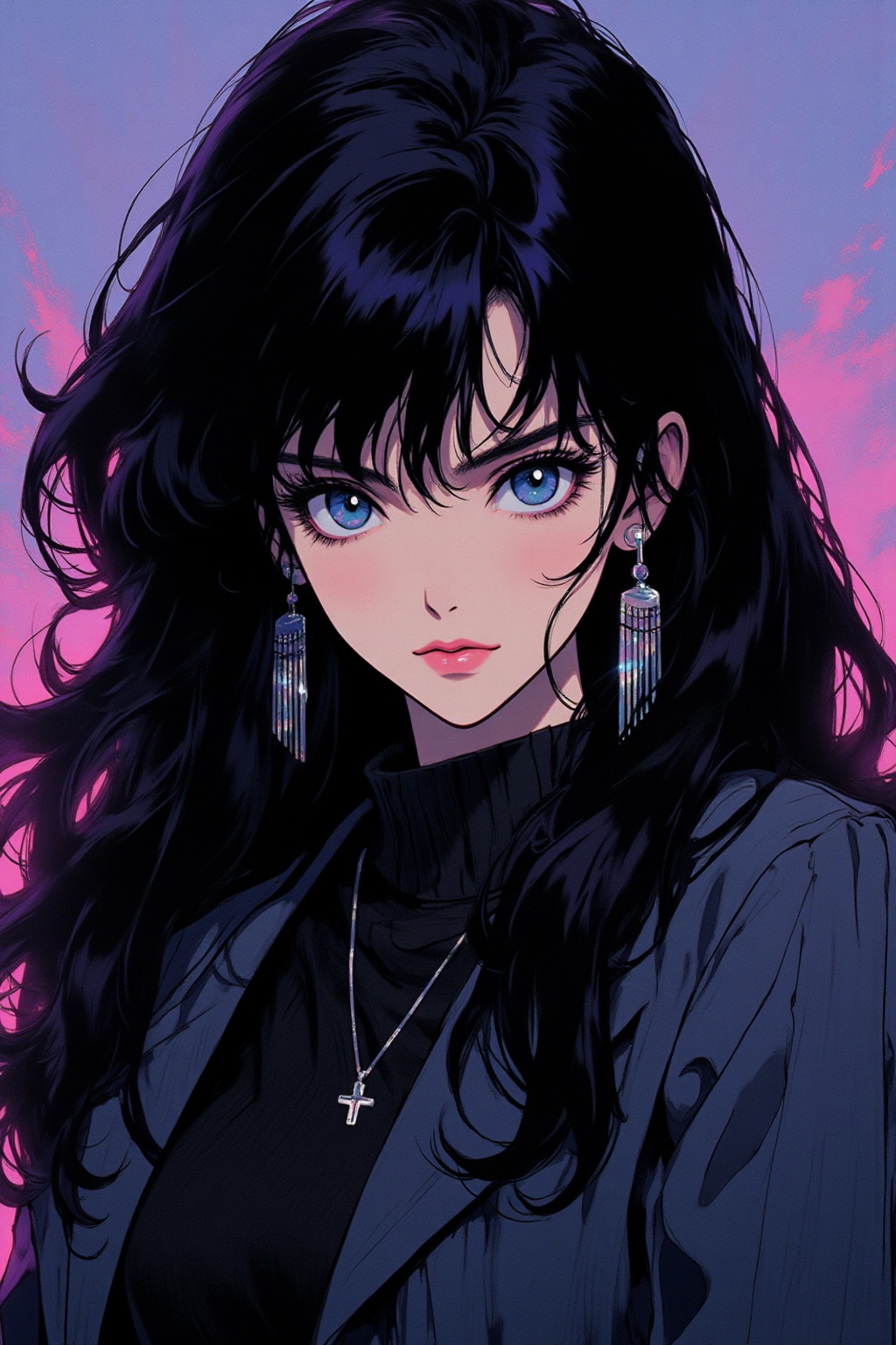 qqq An animated image of a woman with long black hair and blue eyes. She is wearing a black scarf around her neck a black...
