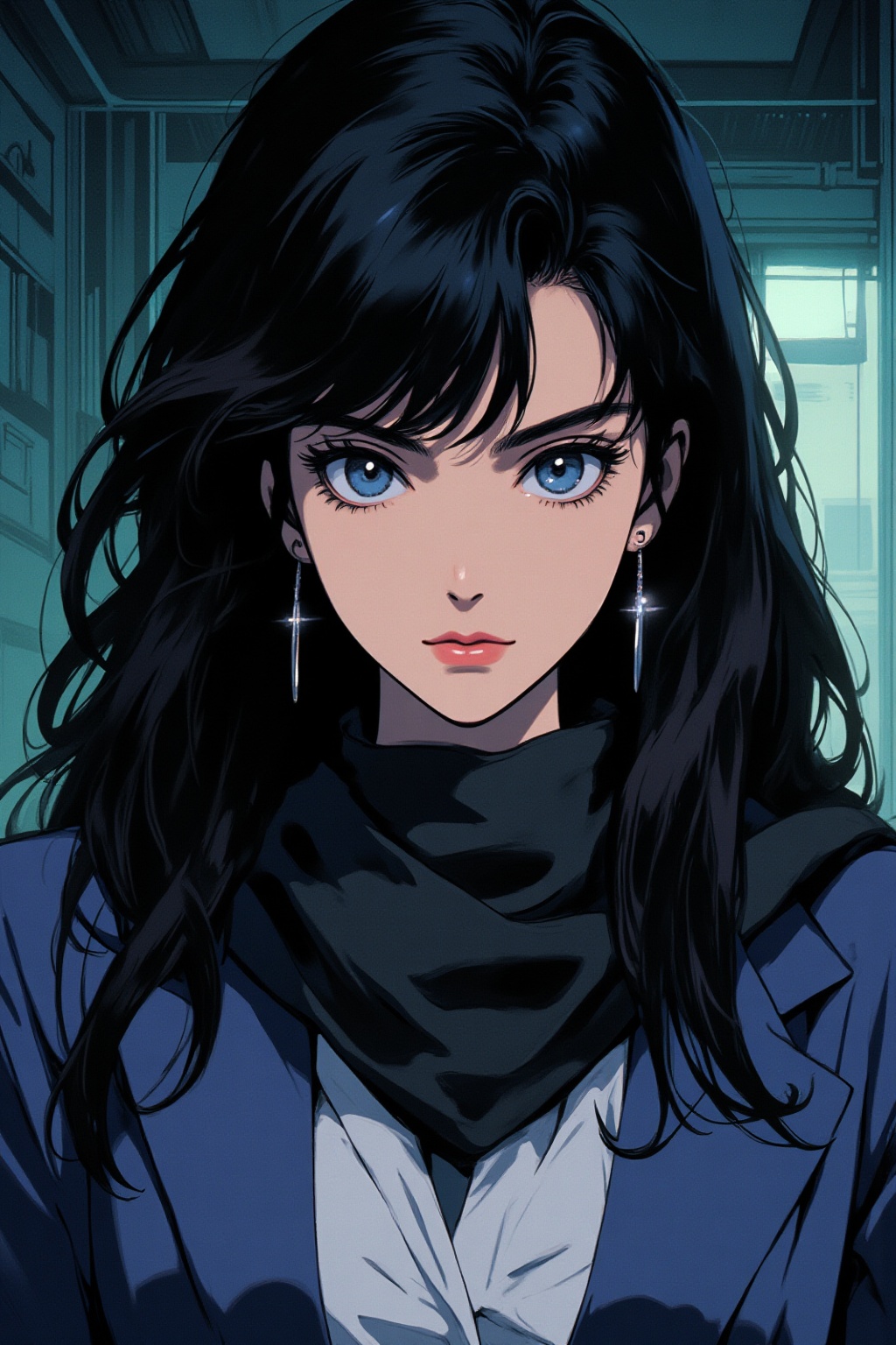qqq An animated image of a woman with long black hair and blue eyes. She is wearing a blue shirt with a white shirt undern...