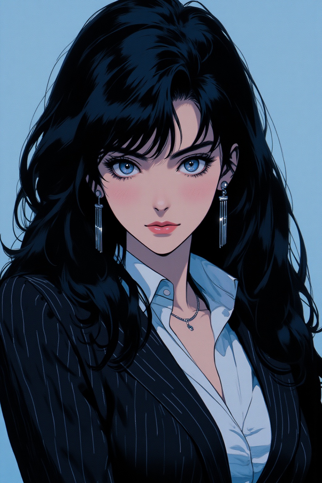 qqq An animated image of a woman with long black hair and blue eyes. She is wearing a black pinstripe suit jacket with a w...