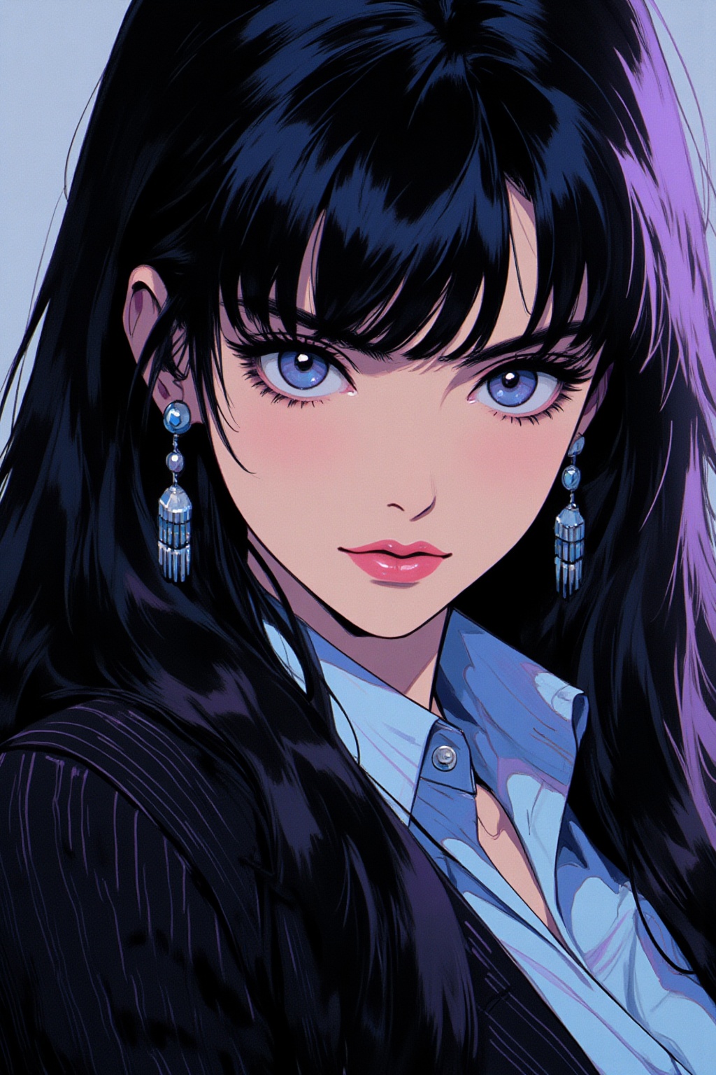 qqq An animated image of a woman with long black hair and blue eyes. She is wearing a black striped shirt with a light blu...