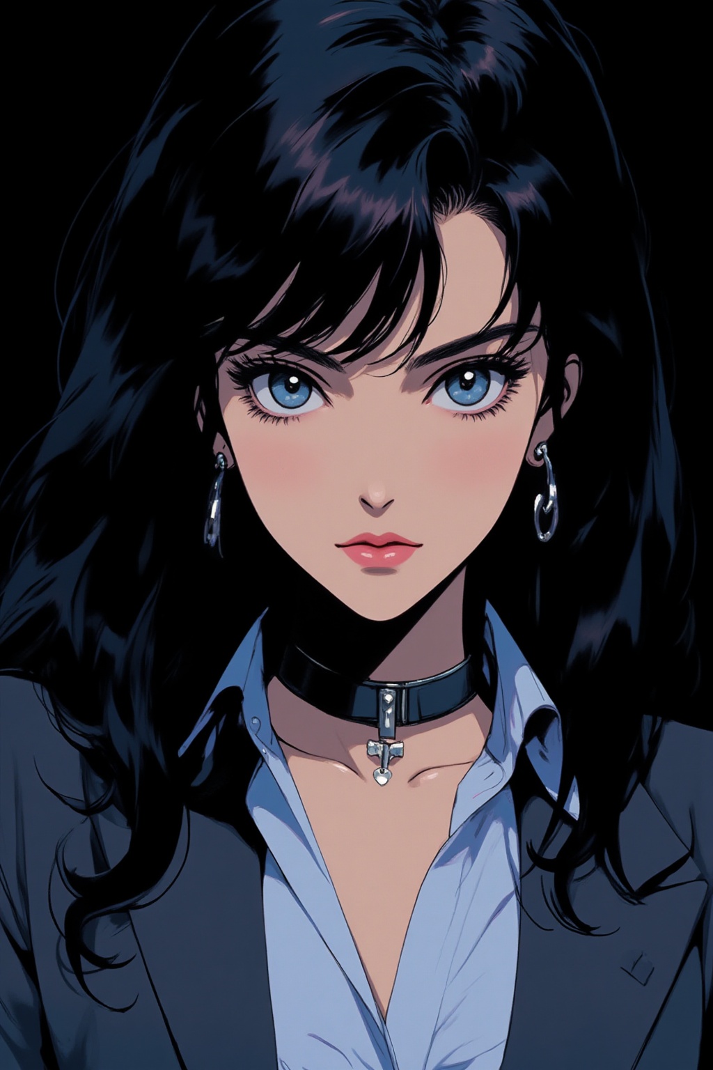 qqq An animated portrait of a woman with long black hair and blue eyes. The woman is wearing a light blue collared button...