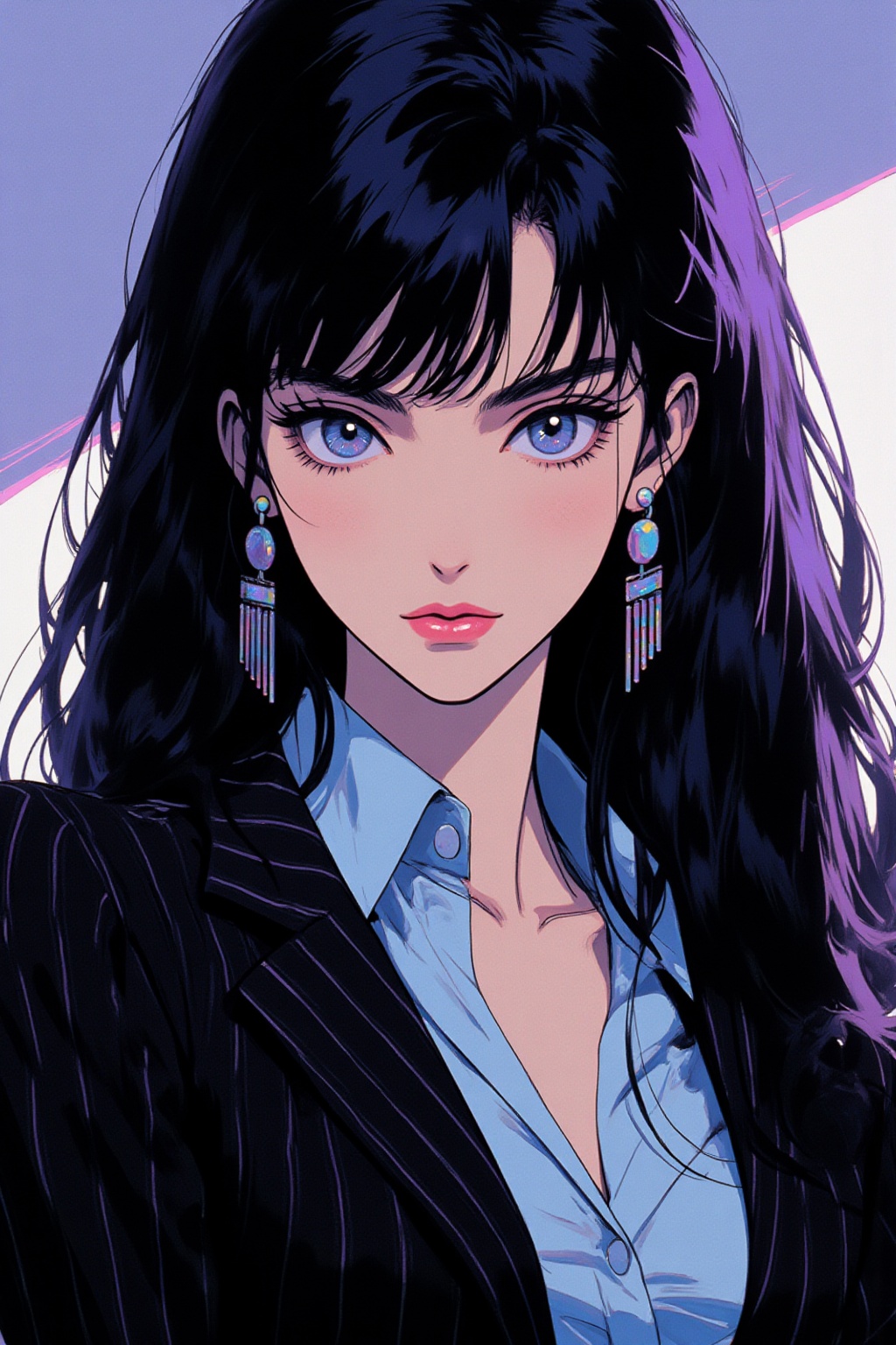 qqq An animated image of a woman with long black hair and blue eyes. She is wearing a black striped shirt with a light blu...