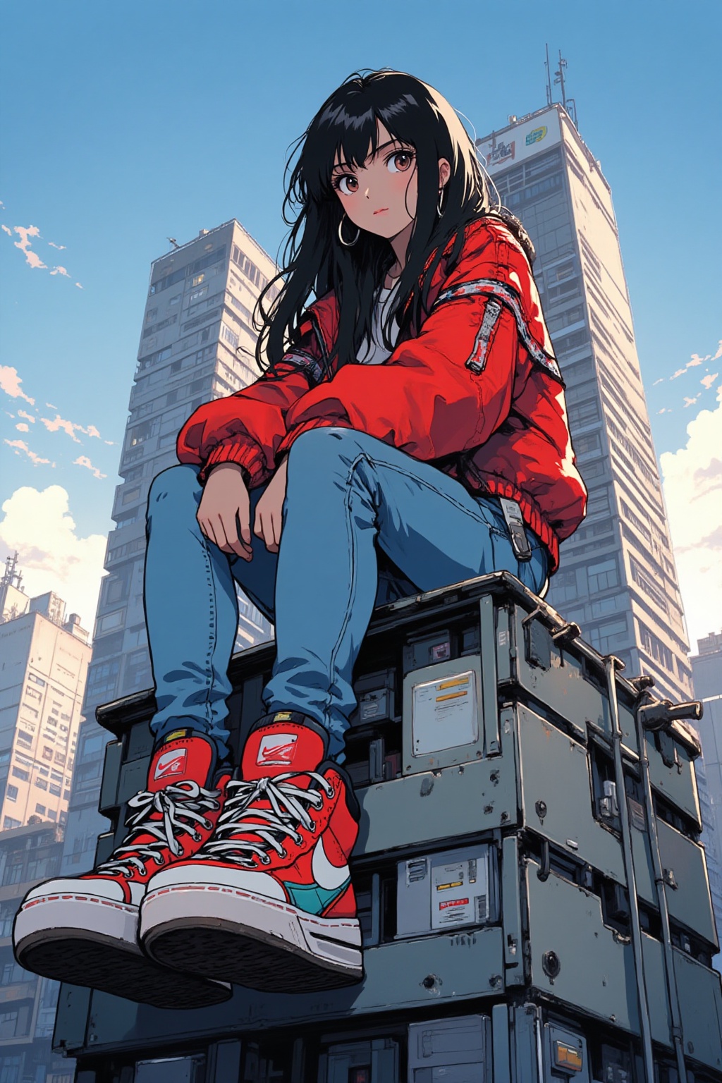 qqq An animated image of a girl with long black hair wearing a red jacket and blue jeans. She is sitting on top of a stack...
